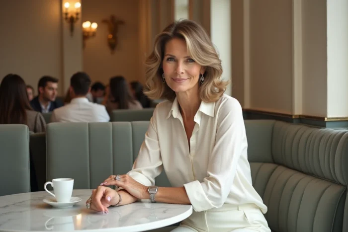 Femme chic en tenue blanche assise dans un café parisien haut de gamme, illustrant le choix vestimentaire raffiné des personnes aisées