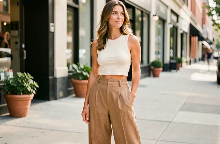 Femme trentenaire portant un crop top ivoire avec un pantalon taille haute sur un trottoir urbain ensoleillé, look mode et élégant