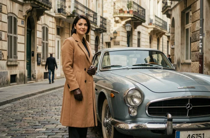Femme élégante posant devant une voiture européenne vintage sur des pavés dans une rue historique