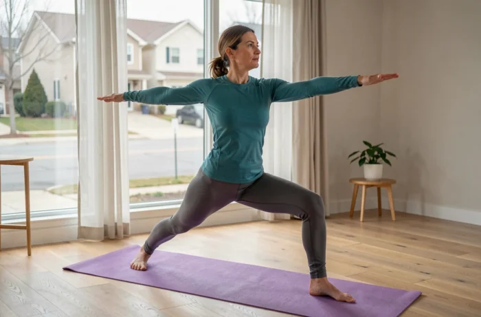 Femme d'âge moyen pratiquant une posture de yoga guerrier sur un tapis violet dans un salon minimaliste