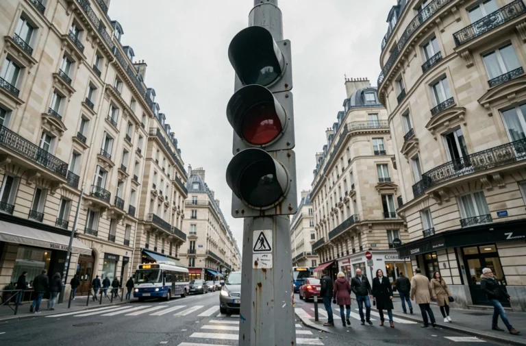 Feu tricolore défectueux éteint à une intersection urbaine en France avec des piétons hésitants sur le trottoir