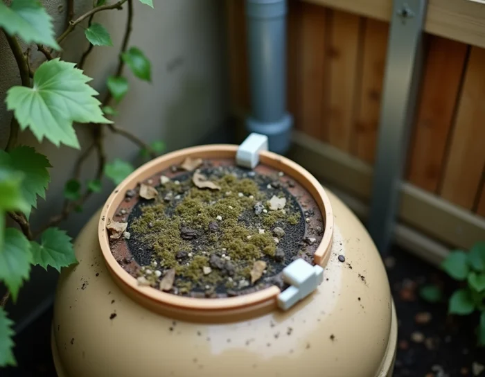 Gros plan sur un filtre bouché de récupérateur d'eau encombré de feuilles et débris