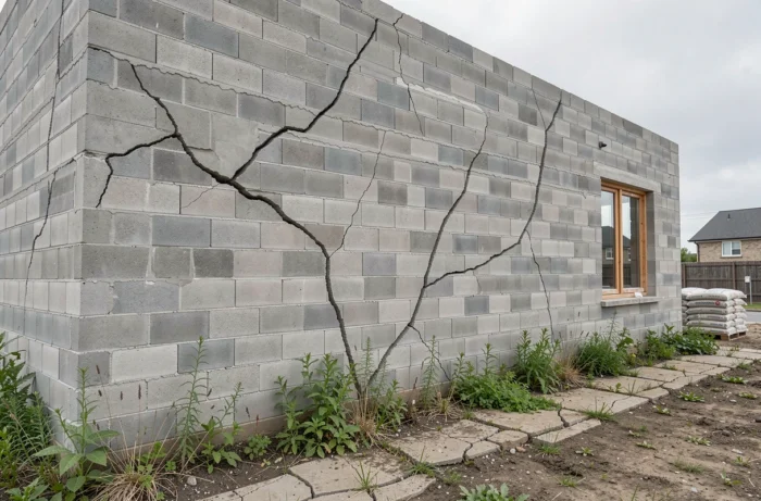 Vue large d'un mur extérieur en parpaings avec de grandes fissures diagonales dans les joints de mortier sec sur un chantier de construction suburban