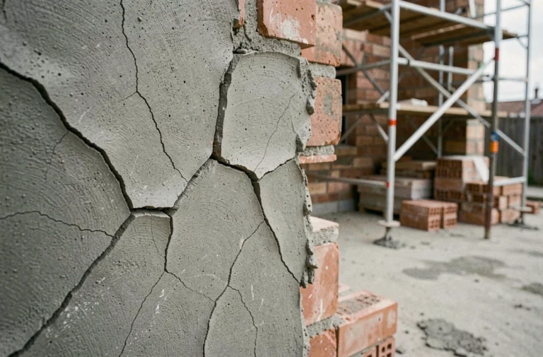Gros plan sur des fissures en réseau dans du mortier neuf appliqué sur un mur de briques lors d'un chantier de rénovation résidentiel