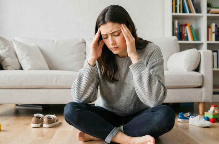 Mère assise sur le sol de son appartement, l'air patiente mais fatiguée, entourée de jouets d'enfants éparpillés