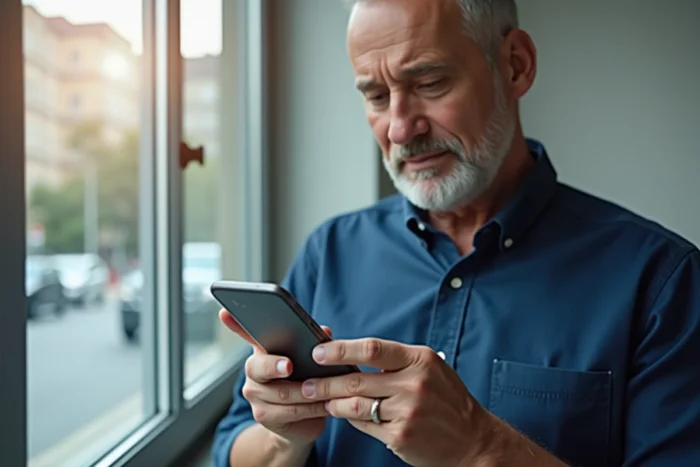 Homme gérant son compte Keldoc sur smartphone pour prendre rendez-vous médical