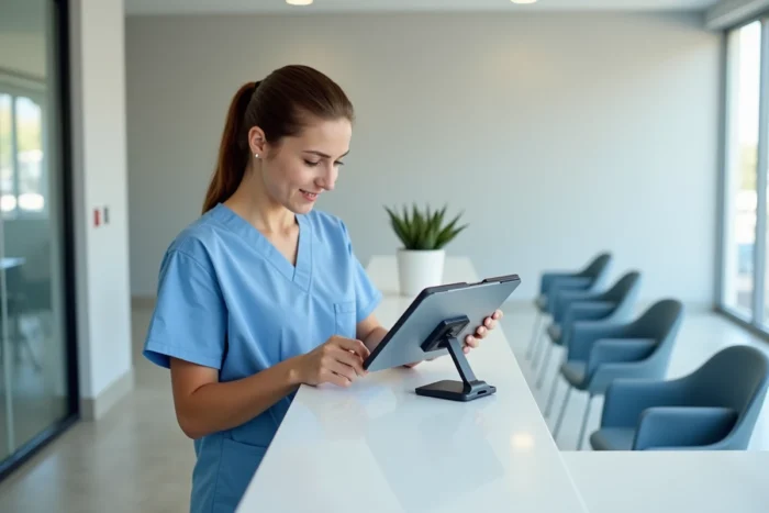 Professionnelle de santé utilisant une tablette pour gérer les rendez-vous médicaux en ligne dans une clinique moderne