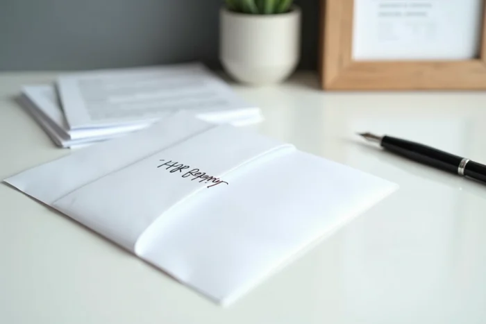 Gros plan d'une enveloppe adressée à la main avec un stylo plume et des documents de candidature sur un bureau minimaliste