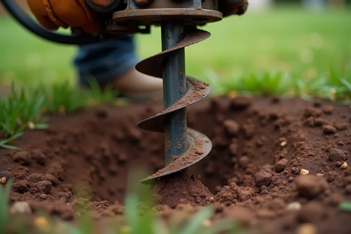 Gros plan sur la mèche d'une tarière thermique en train de percer un sol argileux humide dans un jardin résidentiel