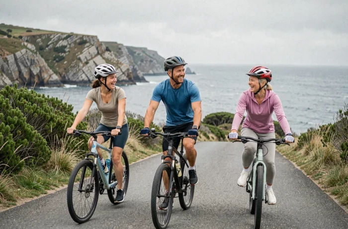 Groupe de cyclistes de différents âges pédalant ensemble sur une route côtière, représentant les bénéfices sociaux et physiques du sport régulier