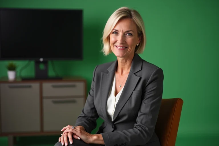 Actrice blonde souriante dans les coulisses d'un plateau de télévision, réagissant avec humour à un commentaire sur son apparence