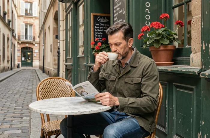 Homme savourant un espresso en terrasse dans un café typique du Marais à Paris, profitant des bonnes adresses locales