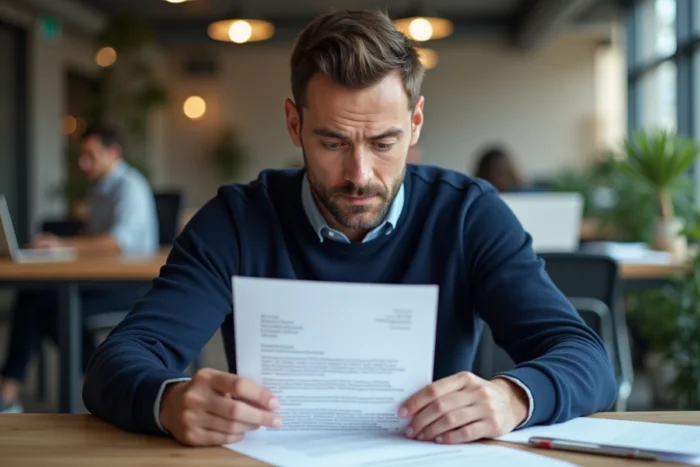 Homme en pull marine comparant une lettre de motivation et une enveloppe adressée dans un espace de coworking