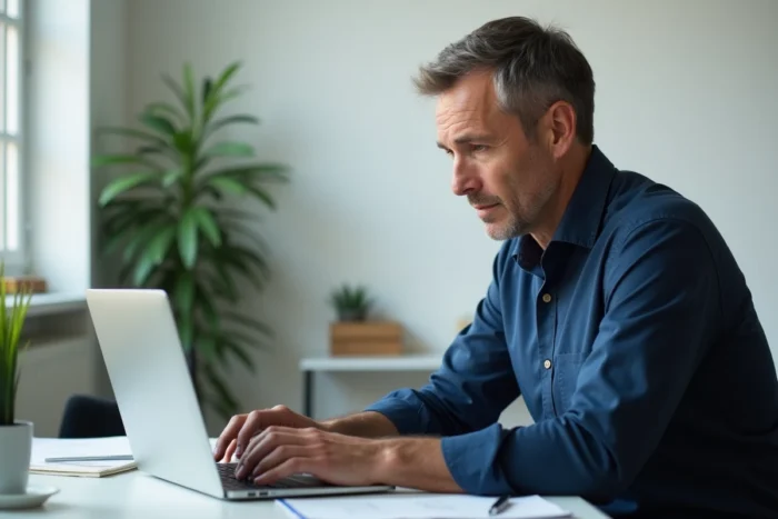 Homme consultant son compte bancaire en ligne pour identifier un prélèvement Imprimerie Nationale
