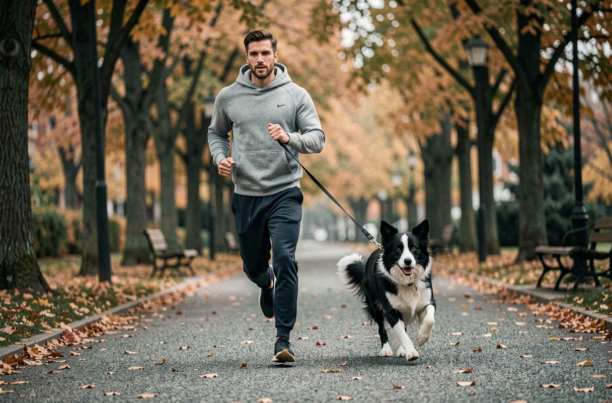 Homme courant avec son border collie en laisse sur un sentier de parc urbain en automne