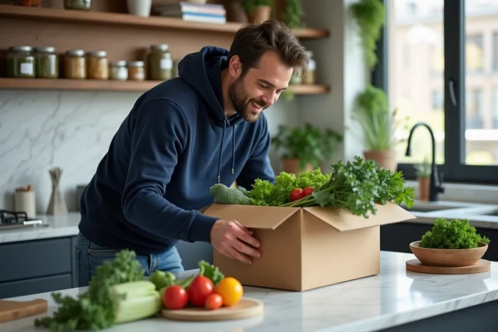 Homme déballant une livraison de courses à domicile sur le plan de travail de sa cuisine moderne