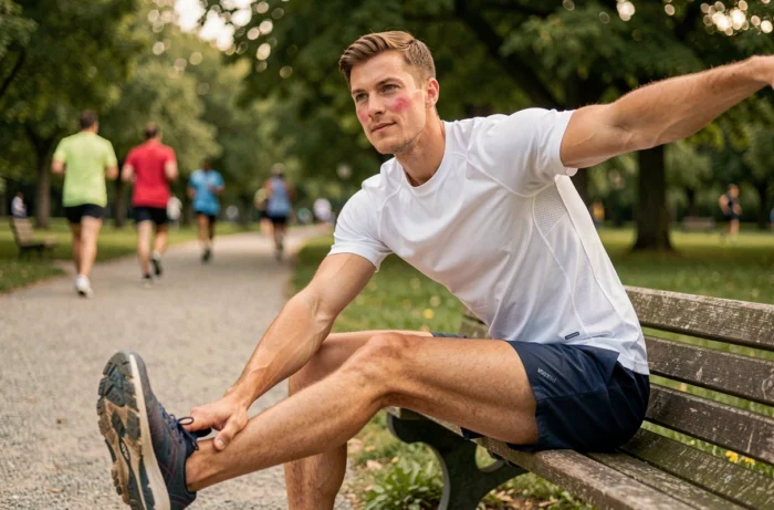 Homme qui s'étire après un jogging matinal dans un parc urbain sur un banc en bois