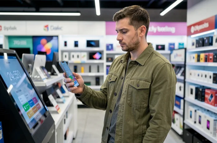 Homme comparant des options de financement et de crédit à la consommation dans un magasin d'électronique moderne