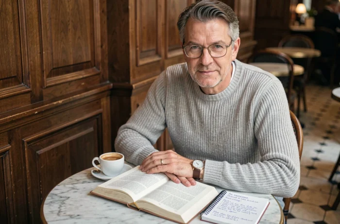 Homme avec des lunettes de lecture consultant un livre de grammaire française dans un café parisien, illustrant la recherche de la bonne orthographe d'une expression