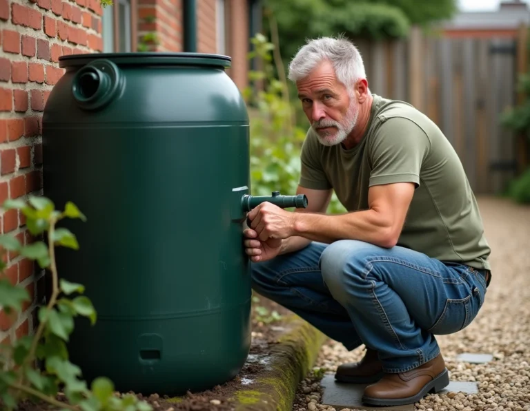 Homme inspectant le raccord de gouttière d'un récupérateur d'eau de pluie vide dans un jardin