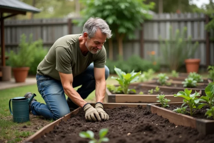 Homme jardinant dans un potager maison, activité de plein air relaxante comme idée de loisir simple