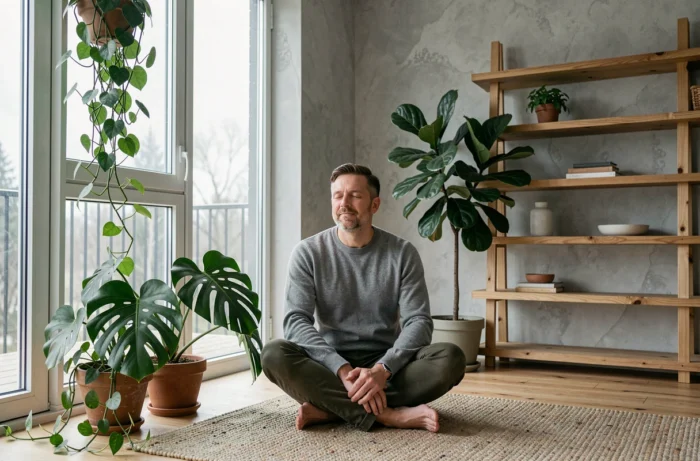 Homme méditant entouré de plantes d'intérieur dans un salon minimaliste pour un mode de vie épanoui