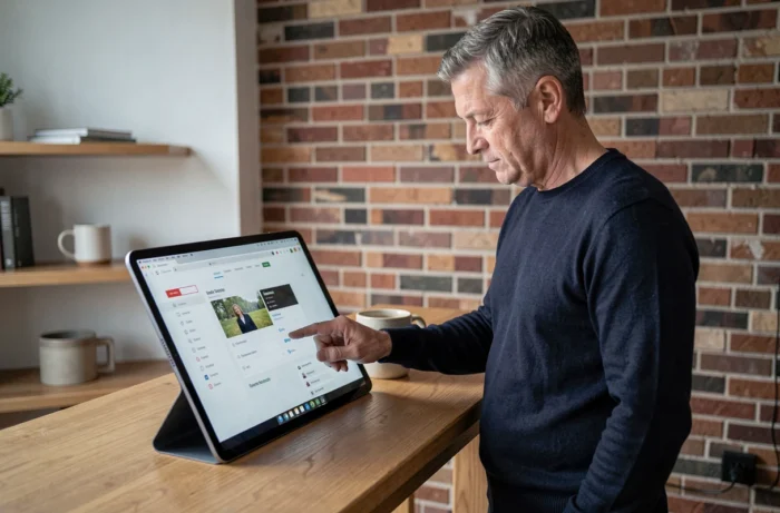 Homme parcourant la liste des pages d'un site web sur une tablette tactile dans un bureau à domicile