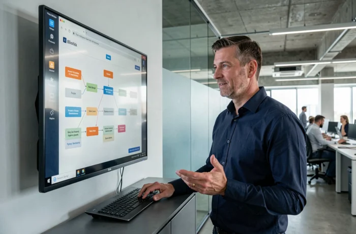 Homme en bureau tech naviguant un diagramme de plan de site sur grand écran mural