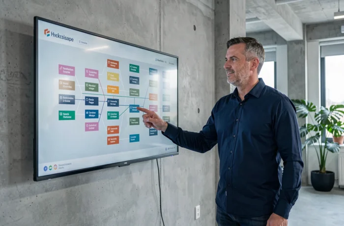 Homme présentant le plan de navigation d'un site web sur un grand écran tactile dans un bureau moderne