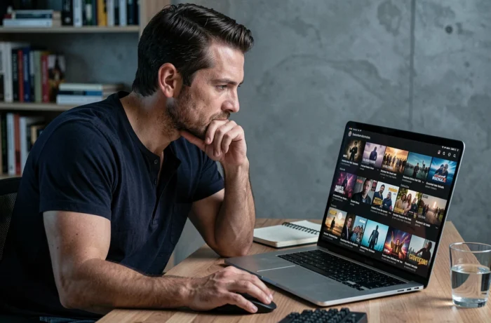 Homme consultant un catalogue de séries sur une plateforme de streaming depuis son bureau à domicile