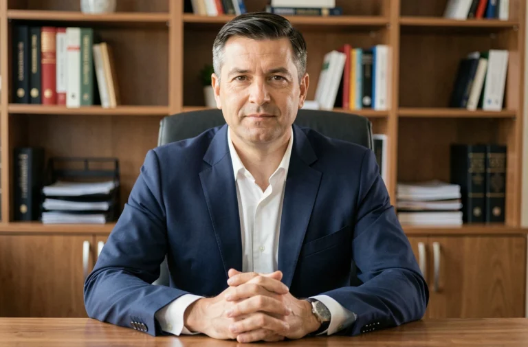Portrait professionnel d'un homme politique français en costume bleu marine assis à son bureau, regard direct et expression composée