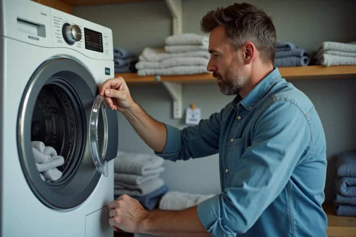 Homme réglant le programme d'une machine à laver en consultant un tableau des symboles de lessive