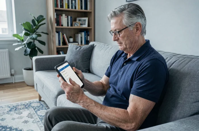 Homme senior utilisant une tablette pour configurer son compte Quintonic étape par étape dans un salon moderne