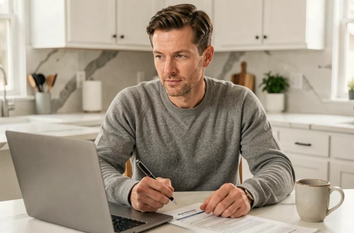 Homme utilisant un simulateur de crédit immobilier sur ordinateur portable dans sa cuisine