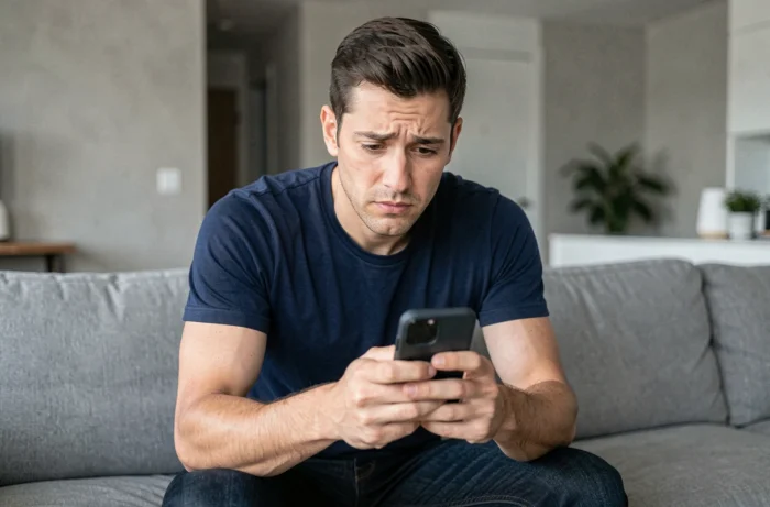 Homme consultant son smartphone pour accéder à un profil Facebook bloqué depuis le salon