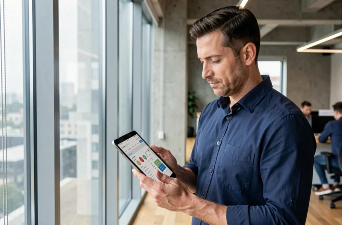 Homme consultant le plan du site d'un portail santé sur une tablette en espace de travail moderne