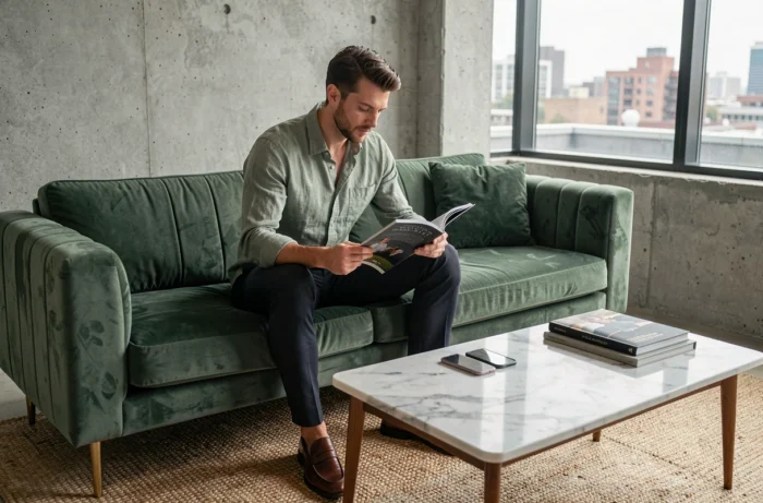 Jeune homme en chemise lin vert sauge feuilletant un magazine de tendances dans un appartement moderne au décor minimaliste