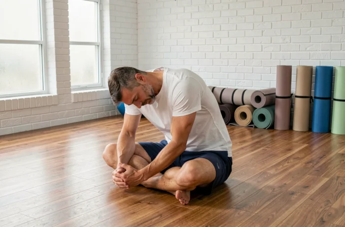 Homme pratiquant des étirements de yoga dans une salle de sport moderne, symbolisant l'équilibre entre santé physique et mentale