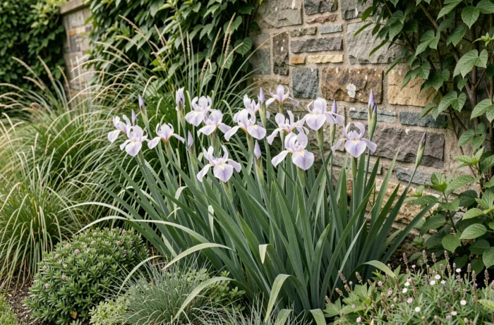 Massif d'iris marcheurs naturalisés en bordure de jardin devant un mur de pierre avec graminées ornementales