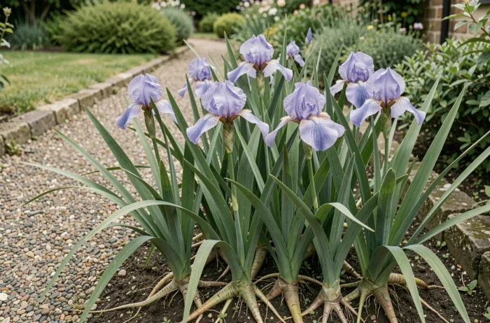 Iris marcheurs en fleurs le long d'un chemin de jardin avec rhizomes apparents et feuilles en éventail