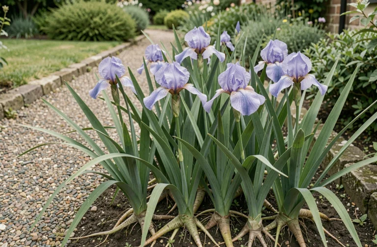 Iris marcheurs en fleurs le long d'un chemin de jardin avec rhizomes apparents et feuilles en éventail