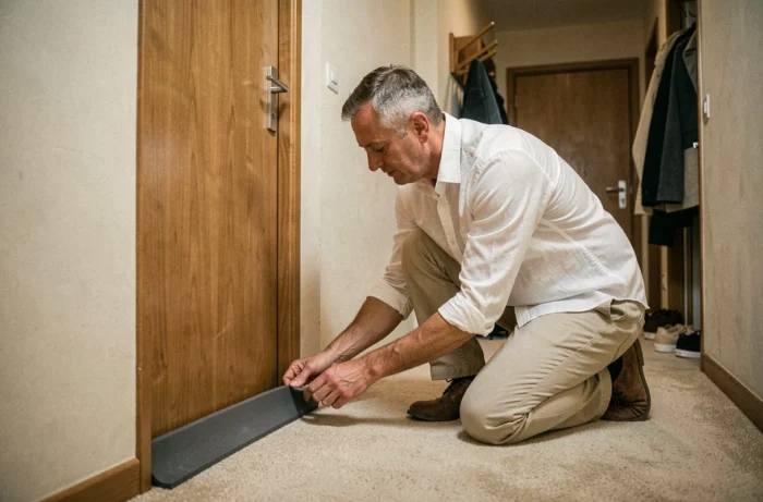 Homme posant un joint acoustique sous une porte d'appartement pour réduire le bruit des enfants dans le couloir