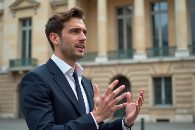 Jeune député français en costume marine devant l'Assemblée Nationale à Paris, représentant le patrimoine et les revenus d'un élu politique
