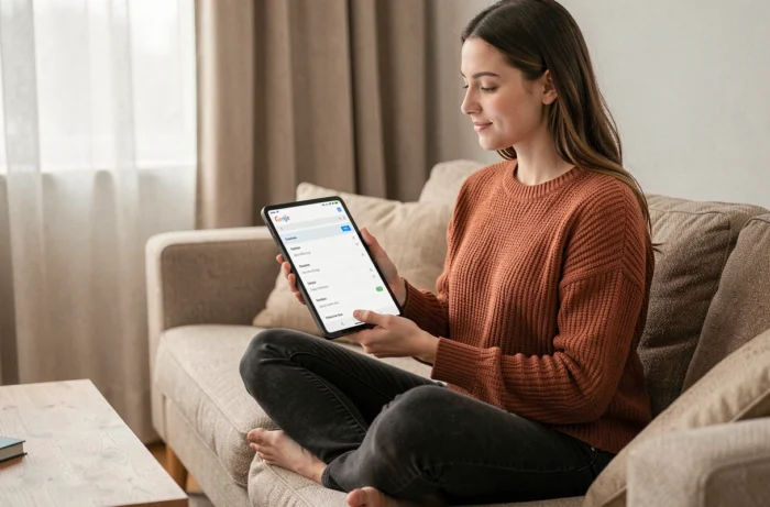 Jeune femme consultant la liste des pages d'un site web sur une tablette dans un salon cosy