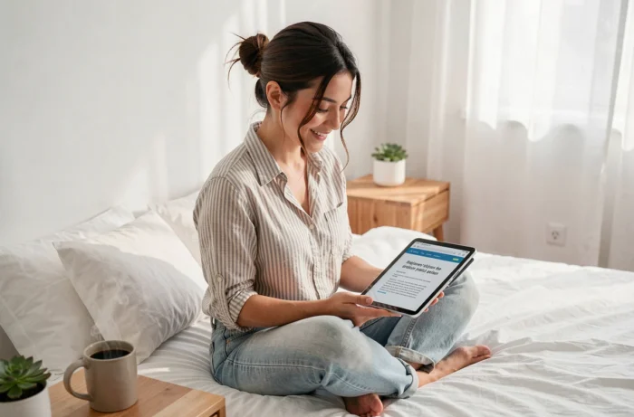 Jeune femme consultant un guide pas à pas pour débutants sur Quintonic depuis une tablette posée sur ses genoux dans une chambre épurée