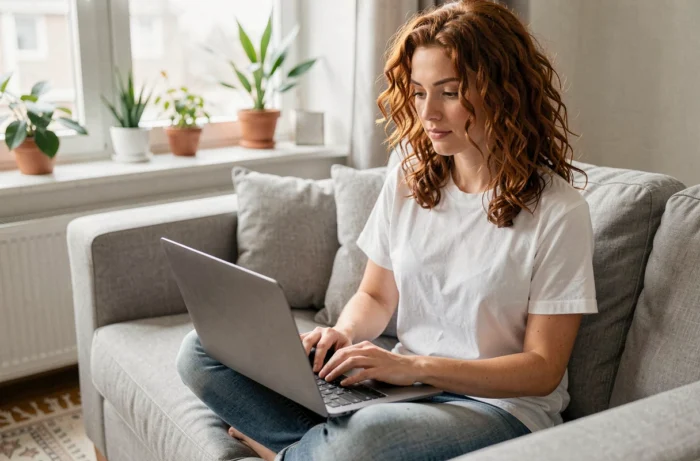 Jeune femme assise sur un canapé consultant le plan de navigation d'un site internet sur son ordinateur portable