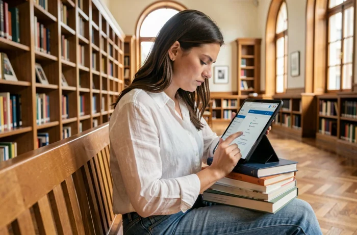 Jeune femme explorant le plan de navigation d'un site web sur une tablette dans une bibliothèque