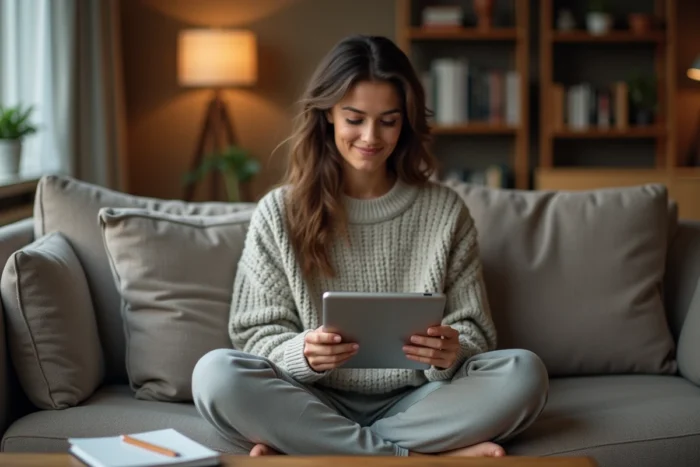 Jeune femme recherchant des solutions de financement de formation professionnelle sur une tablette depuis son salon