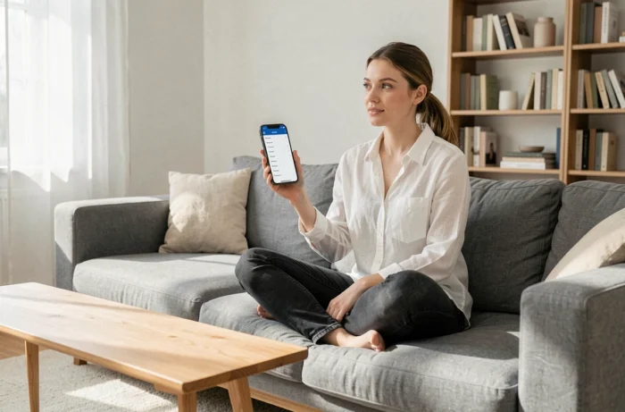 Jeune femme explorant le plan du site Accro Santé sur smartphone dans un salon minimaliste