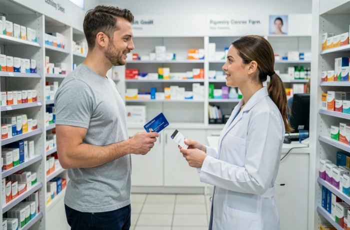 Jeune homme présentant sa carte de mutuelle santé à une pharmacienne au comptoir